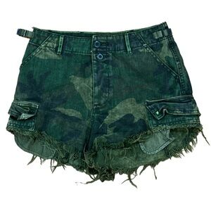 Free People We the Free Commander Cut Off Green Camo Khaki Denim Jean Short